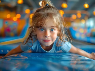 Young Girl Flipping on Colorful Trampoline in Bright Gymnasium