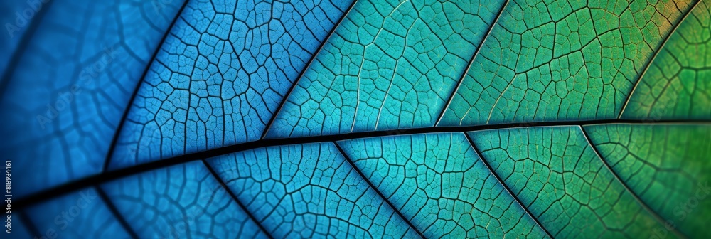 Poster leaf of a tree close-up. blue toned background or wallpaper. mosaic pattern from a net of veins and 