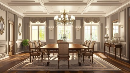 A large room with a long table and many chairs