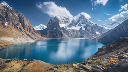 A remote alpine lake nestled among towering peaks, its surface like a mirror reflecting the snow-capped mountains and endless blue sky above. 32k, full ultra hd, high resolution - Powered by Adobe