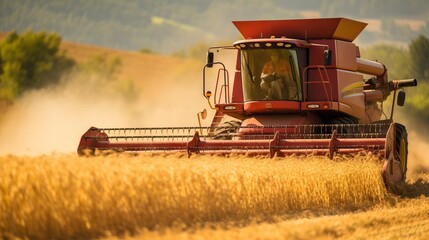 Obraz premium Agricultural combine for harvesting crops in the field. Concept: food supplies and world hunger problems, grain for export and import.