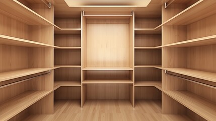 Spacious, empty walk-in closet with wooden interiors