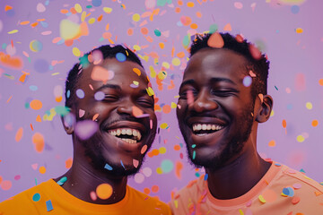 two happy black men with short hair, confetti flying around , against a lilac background, glitter,...