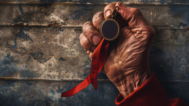 A hand holding a gold medal with a red ribbon