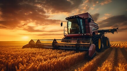 Fototapeta premium Agricultural combine for harvesting crops in the field. Concept: food supplies and world hunger problems, grain for export and import.