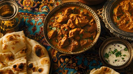 Aromatic bowls of spicy vindaloo, filled with tender chunks of meat or vegetables, served alongside fluffy naan bread and cooling raita, set against a backdrop of richly colored Indian tapestries.