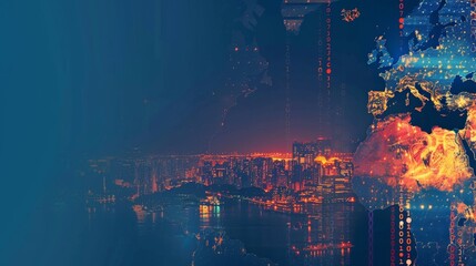 An artistic representation combining a city skyline at night with a vivid digital overlay suggesting data and technology integration