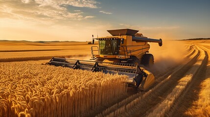 Fototapeta premium Agricultural combine for harvesting crops in the field. Concept: food supplies and world hunger problems, grain for export and import.