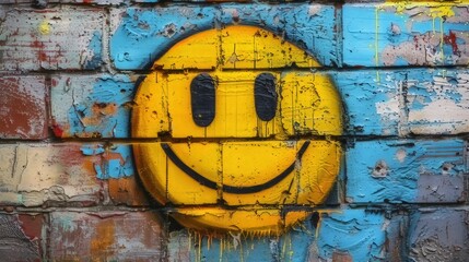 Yellow smiley face painted on an old wall in graffiti style

