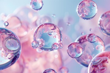 Colorful Glass, Soap Bubbles Floating in a Dreamlike Pink and Blue Background