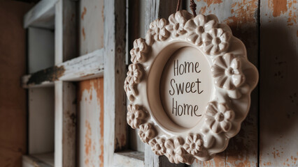 Weathered home wall with rustic rural charm and nostalgia hangs a vintage handcrafted ceramic frame with flower border and the words "home sweet home" - appreciate everyday moments in life.