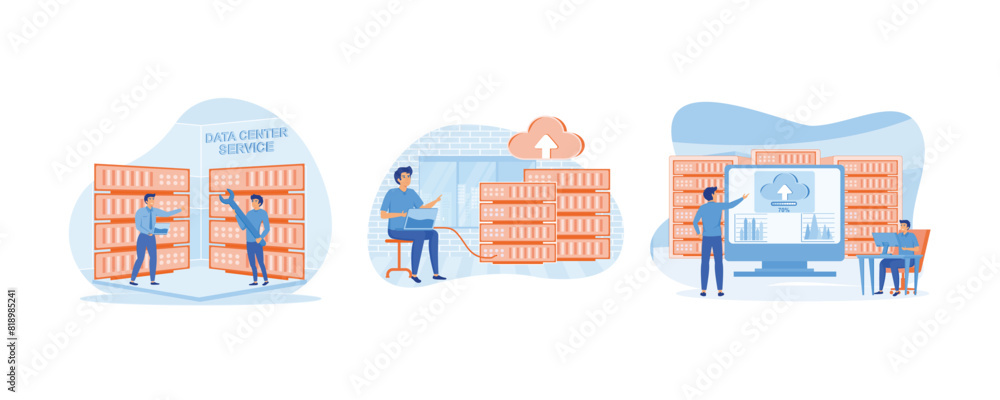 Poster service engineers administrators set up data centers. data server web concept. business technology c