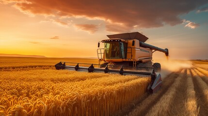 Obraz premium A combine harvester collects wheat on a field during harvest. Concept: Agriculture, harvesting, automation of agricultural work.