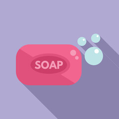 Flat design vector graphic of a pink soap bar with floating soap bubbles on a purple background