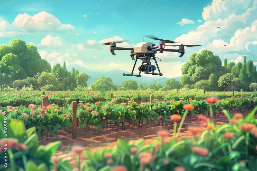 Poster smart farming drone in an isometric vector field using sensors for crop care, agricultural innovatio