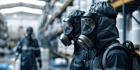 Technicians in gas masks assess toxic spills in industrial warehouses. Concept Industrial Safety, Contamination Cleanup, Gas Masks, Hazardous Materials, Emergency Response