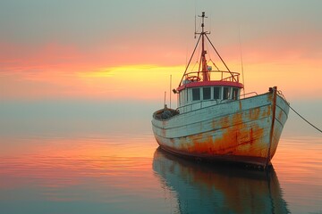 Fototapeta premium Fishing Boat at Sunrise A rustic fishing boat anchored in calm waters during a serene sunrise, capturing the tranquility of early mornings
