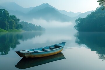 Fishing Boat on Tranquil Lake A fishing boat on a serene lake surrounded by mountains, creating a peaceful natural setting
