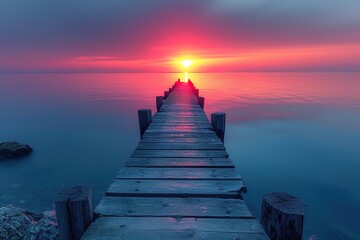 Fishing Pier at Sunset A serene fishing pier extending into calm waters during a colorful sunset,...