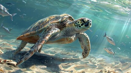 Obraz premium Sea turtle swimming gracefully underwater along with a school of fish in a crystal-clear tropical ocean, showcasing the beauty of marine life and underwater ecosystems.