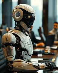 Fototapeta premium A highly advanced and intelligent robot is sitting at a desk in a modern office, wearing a futuristic helmet and visor