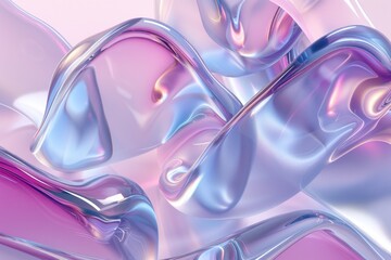 3d render of abstract glass shapes in pink and blue, close up, curved edges, glossy surface, soft lighting, pastel colors, flowing forms, iridescent reflections, detailed textures, delicate details