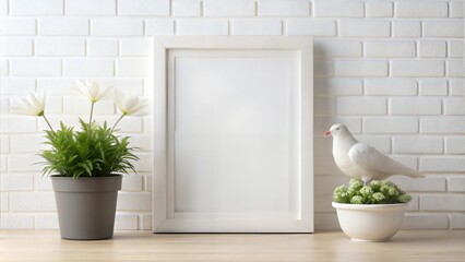 A1 size poster mockup hanging in white frame on White Dove background with a flower pot