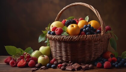 A woven basket filled with assorted fruits like apples and berries, accompanied by pieces of rich dark chocolate, set on a rustic wooden table.