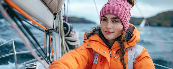 A woman wear in the orange jacket and pink hat on the yacht in the sea.