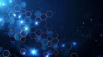Abstract blue background with hexagon patterns and glowing lights for technology or science concept