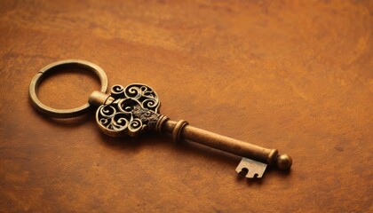 An old-fashioned key with intricate designs lying on a textured leather background.