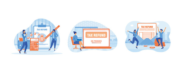 Two female making tax refund. Business people with online Tax Refund status on the laptop computer. Happy people getting paid money back. Set flat vector modern illustration
