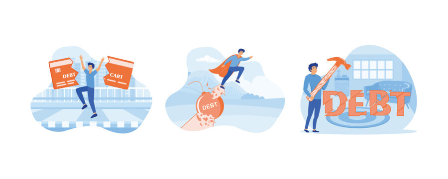 Trap of credit card debt concept. Fighting for profit. Businessman trying to crush and smash the heavy debt burden. Set flat vector modern illustration