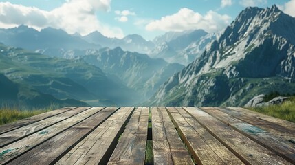 Empty Wooden table in mountain range landscape in 3d png transparent for product presentation.  