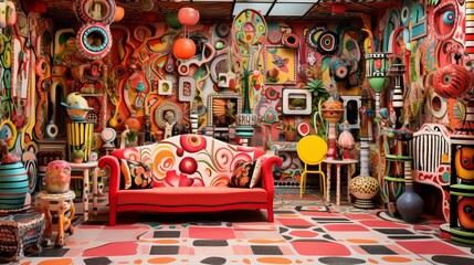 Fototapeta premium A bright and extravagant living room with colorful furniture in the style of dolls' toy houses. Concept: creative interior with decor. Not a classic room in the house