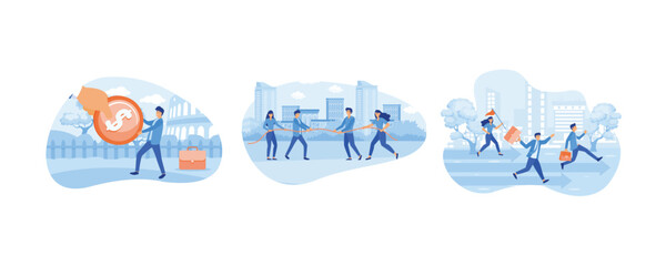 Business competition with large investors. People on business competition. Three business persons racing on the arrows. Set flat vector modern illustration