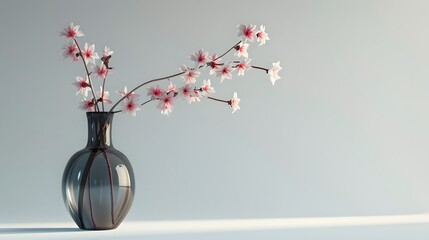 beauty of simplicity with a single stem of cherry blossoms in a tall, slender vase, isolated on a...