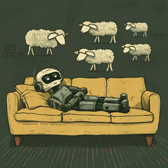 A humorous illustration of a robot sleeping on a vintage couch, dreaming of fluffy sheep jumping over, symbolizing rest and relaxation in a quirky, imaginative way.