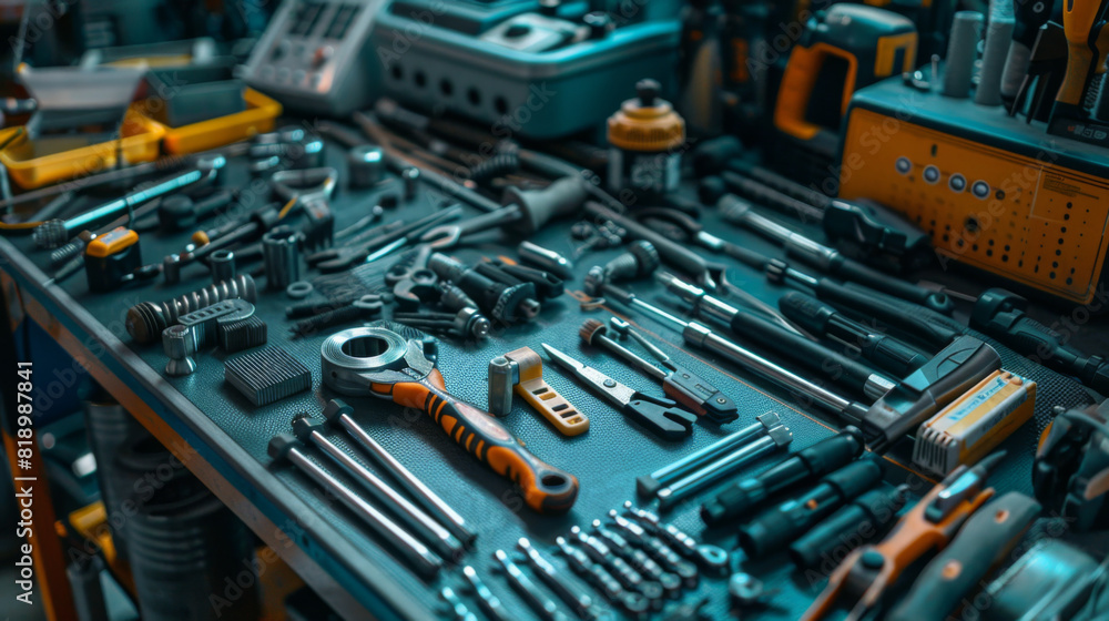 Poster an array of various tools neatly arranged on a workbench, showcasing an organized tool collection fo