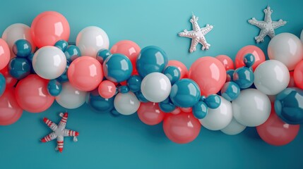 Coral and Teal Balloon Garland - Beautiful coral, teal, and white balloon garland with starfish decorations, perfect for beach-themed parties and celebrations.