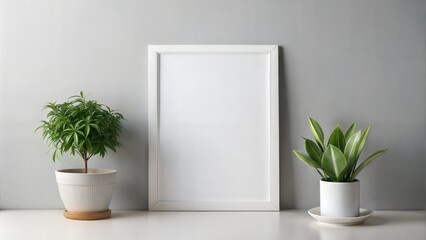 A1 size poster mockup hanging in white frame on Classic Gray background with a flower pot