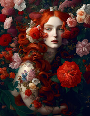 red-haired, woman, beauty, hair, fashion, face, flower, flowers, model, spring, makeup, hairstyle, pink, summer, nature, lady, wreath, skin, people, make-up, head, care, person, glamour, vector, sensu