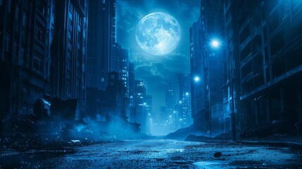 The full moon rose slowly over the deserted city. The streets were empty, the buildings abandoned. The only sound was the wind blowing through the rubble.