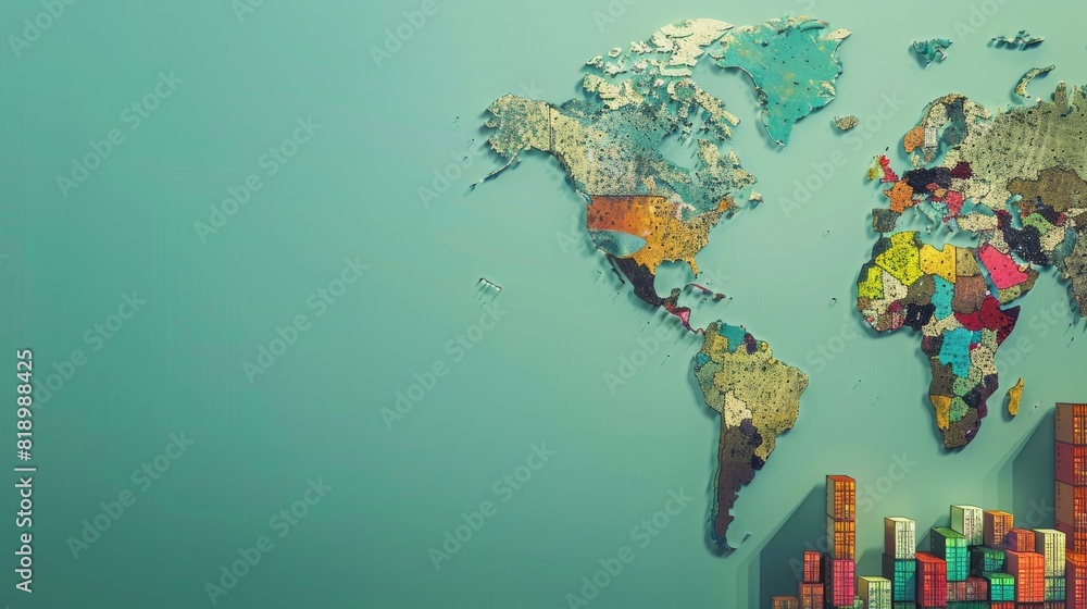 Poster a vibrant and textured 3d world map with colorful cargo containers emphasizing global trade and econ
