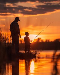 A father and son are fishing together at sunset