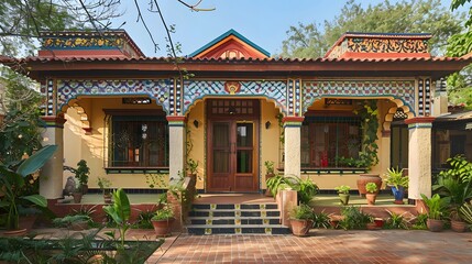 charming Indian bungalow exuding warmth and character, its vibrant facade adorned with colorful tiles and ornate windows, reflecting the rich cultural heritage of the region.