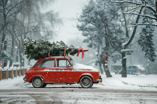 Fototapeta red retro car carries a large fir tree on its roof. snowing. Christmas cheer, Holiday travel, Winter wonderland, Nostalgia, Homecoming, Family tradition, New Year's celebration