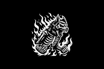 Beast monster fox with skeleton body and flame vector design