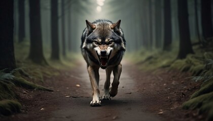 Angry lone wolf walking alone in a forest path, showing teeth, front face ready to attack 4k wallpaper created with generative ai