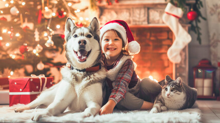 Child with Husky and Cat in Santa Hats Celebrating Christmas